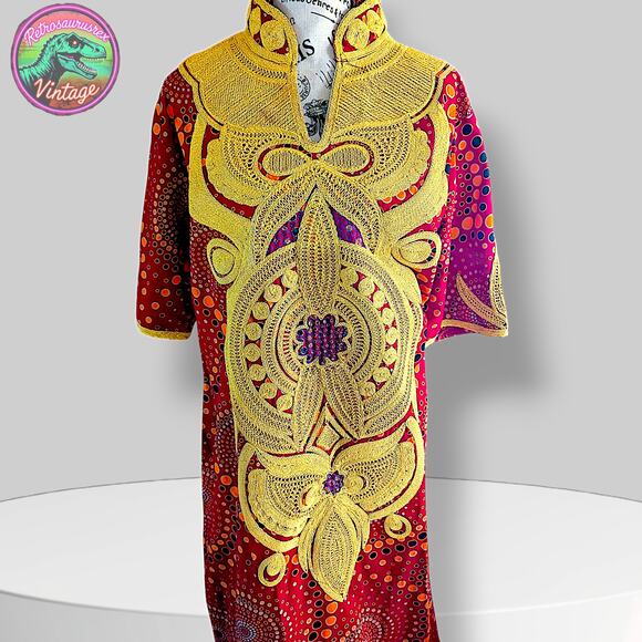 Vintage 1960’s / 1970’s Bohemian Goddess Polka Dot Dashiki Caftan Maxi Dress - Picture 2 of 8